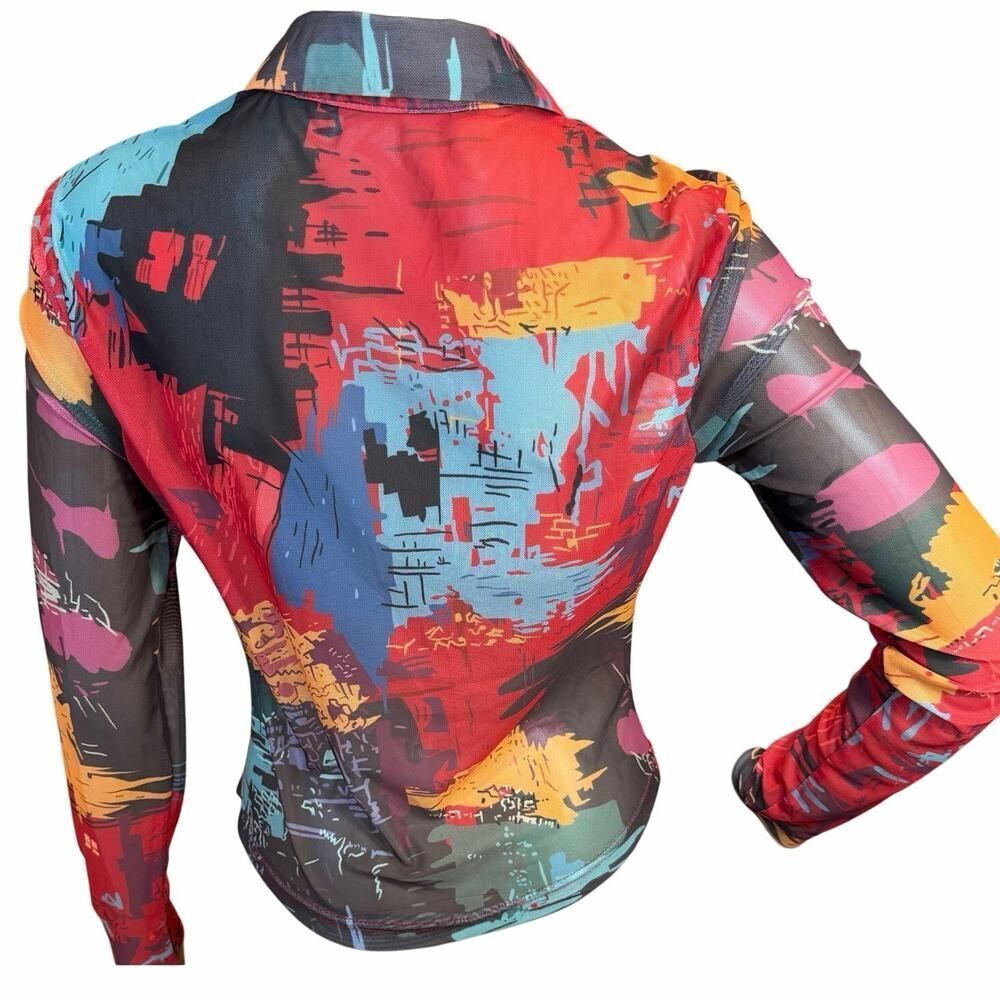 Abstract Y2K Art to Wear Colorful Vibrant Artsy Ruched Button Up Blouse Women XS - Picture 6 of 11
